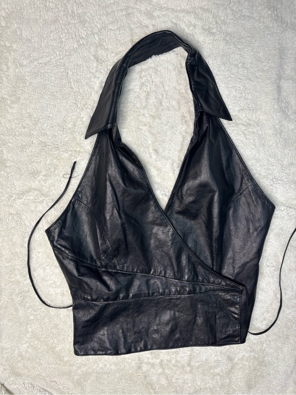 Vintage Wilsons Leather Maxima Black Leather Halter Wrap Top Sz L  Adjustable